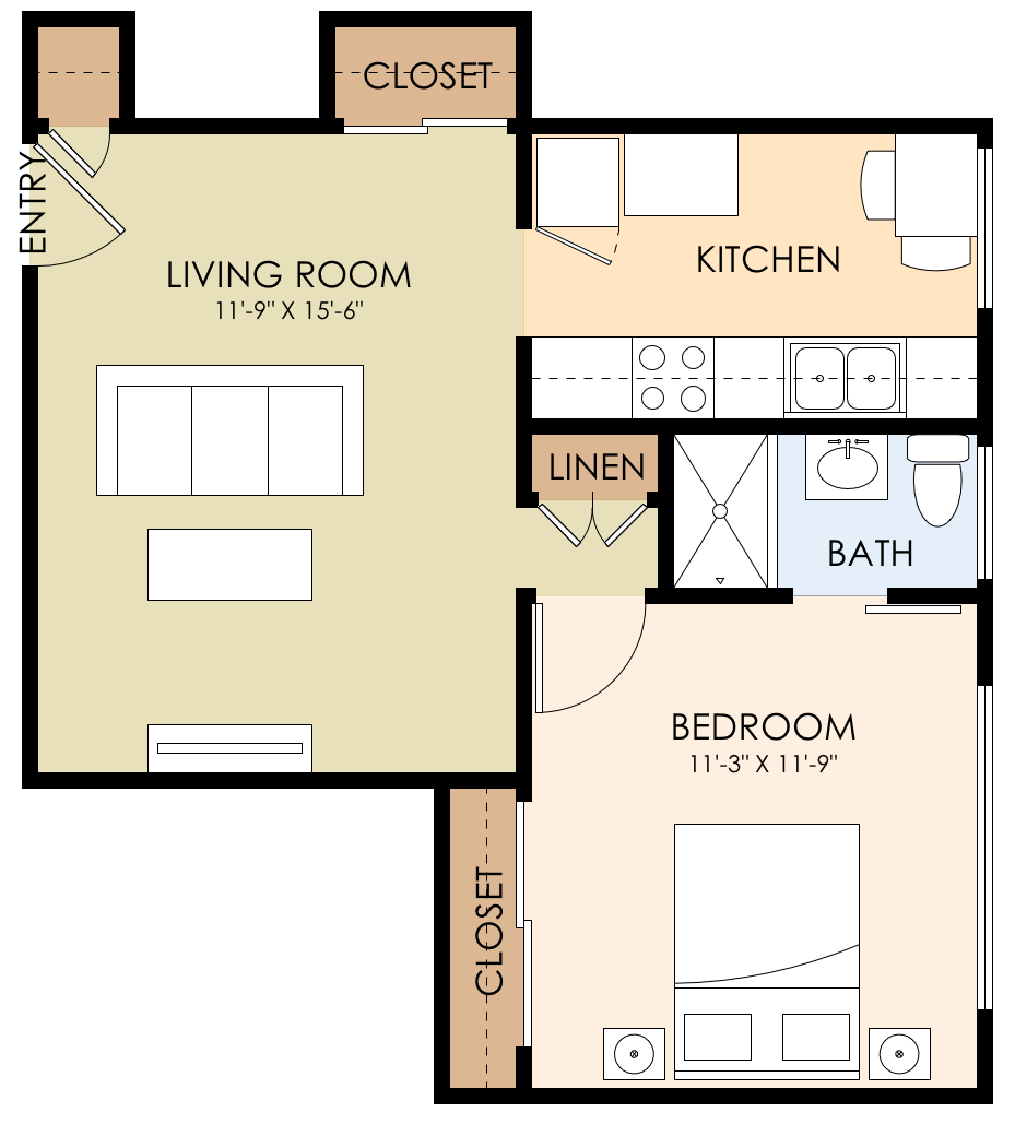 Floor plan for 1 bed, 1 bath, 650 sqft